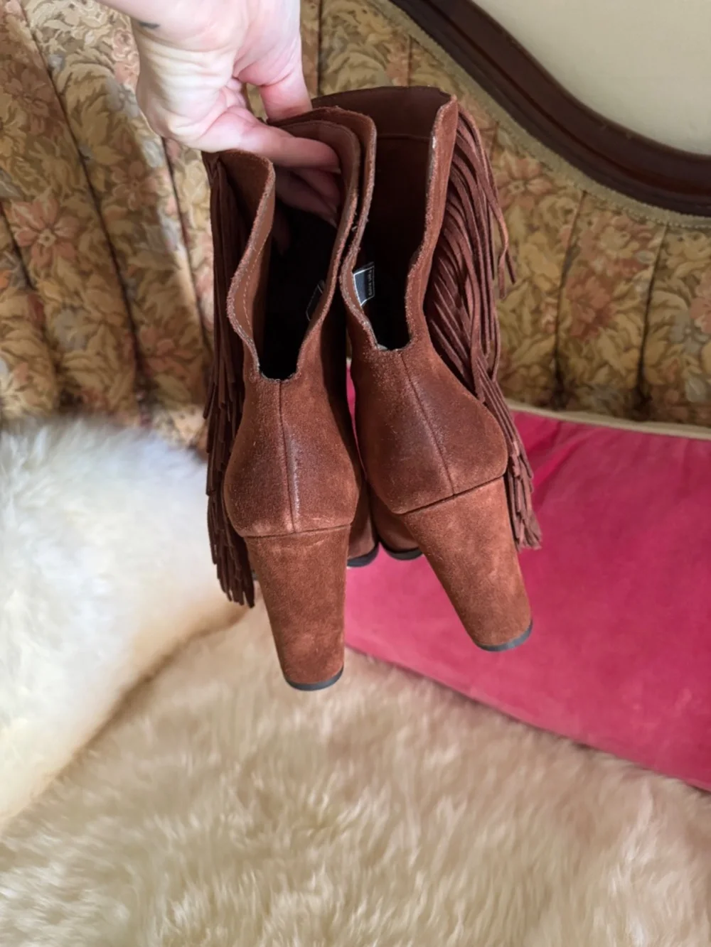 Dolce Vita Rust Brown Suede Fringe Boots pointy toe Western Chic heeled booties